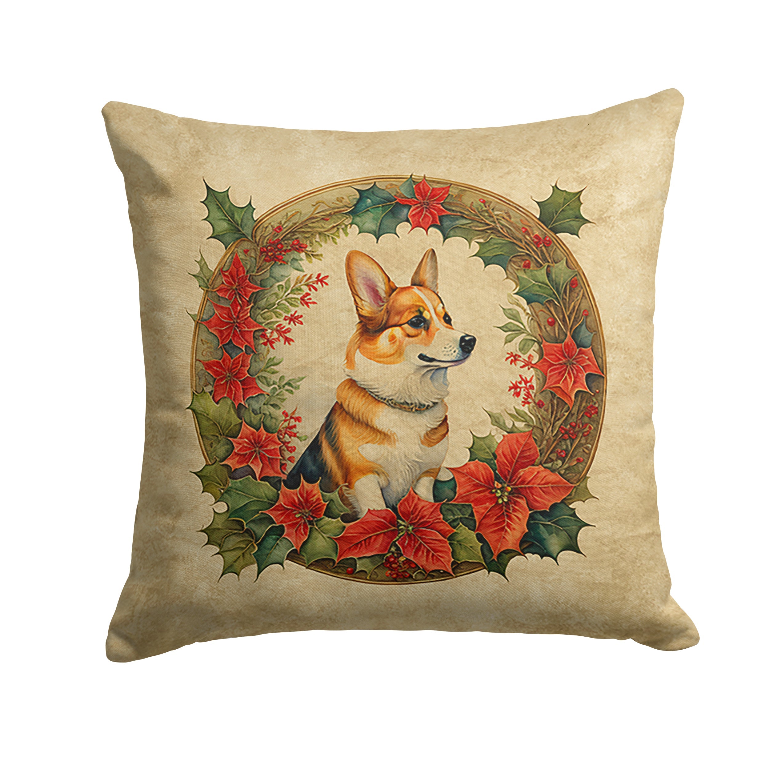 Corgi Christmas Flowers Decorative Throw Pillow 18x18 Indoor Outdoor Accent Cushion, Fabric Cover with Insert for Sofa, Bed, Porch & Living Room