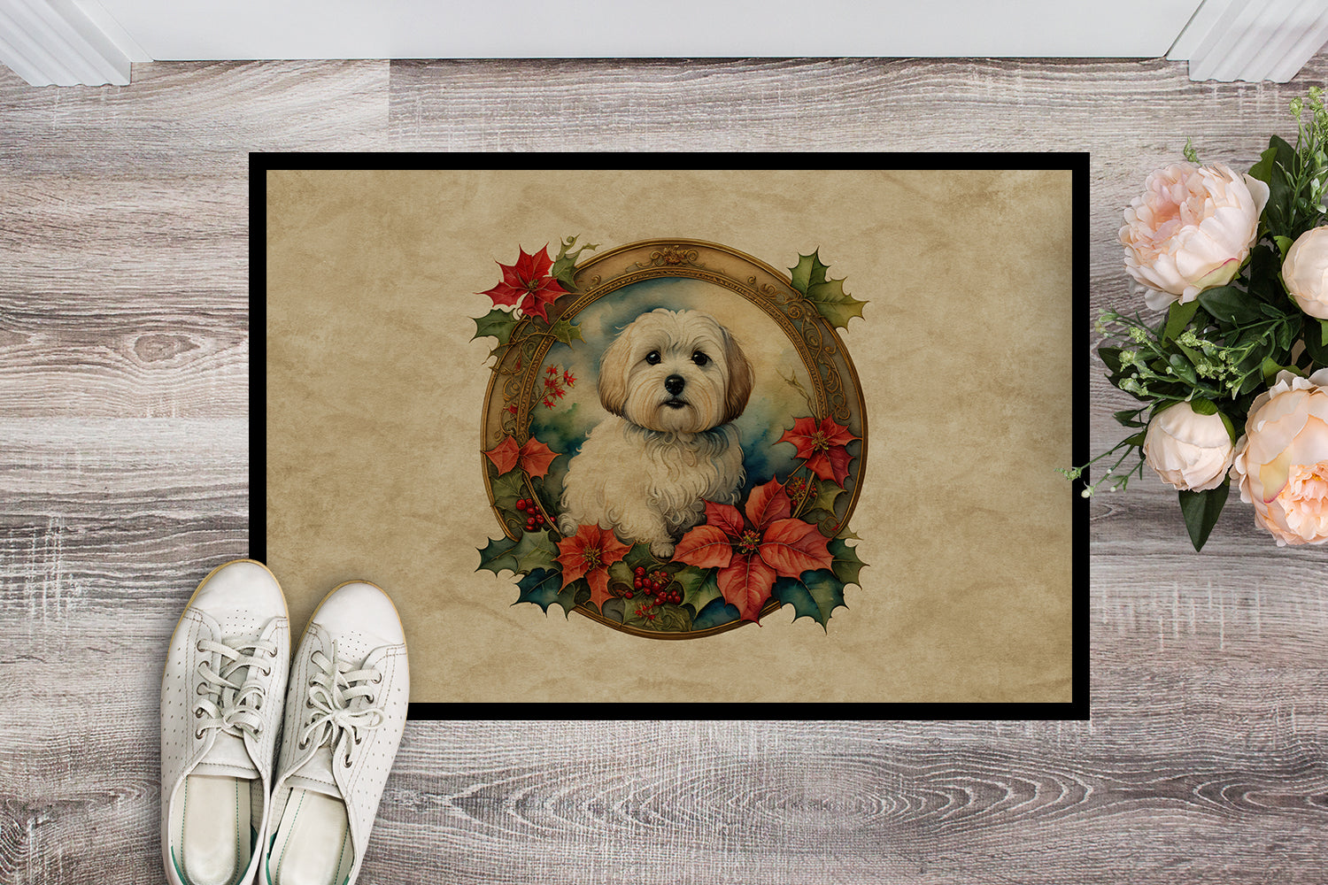 Coton De Tulear Christmas Flowers Doormat Indoor Outdoor 24H X 36W Front Door Mat Rugs for Entryway, Non Slip Washable Low Pile,