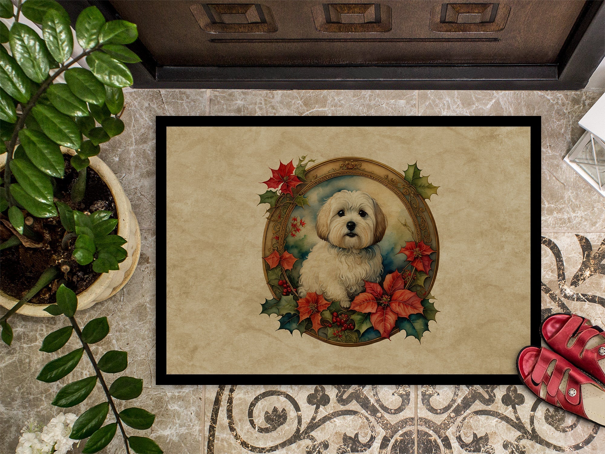 Coton De Tulear Christmas Flowers Doormat Indoor Outdoor 24H X 36W Front Door Mat Rugs for Entryway, Non Slip Washable Low Pile,