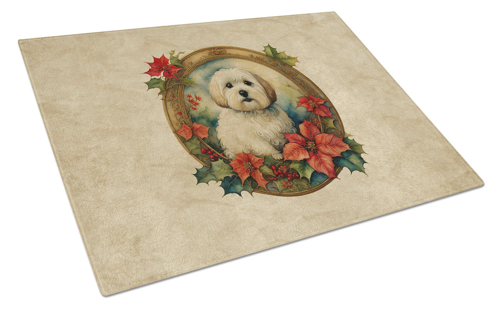 Coton De Tulear Christmas Flowers Cutting Board Tempered Glass Kitchen Cutting Surface, Heat Resistant Chopping, Non-Slip Feet, Food Prep & Serving