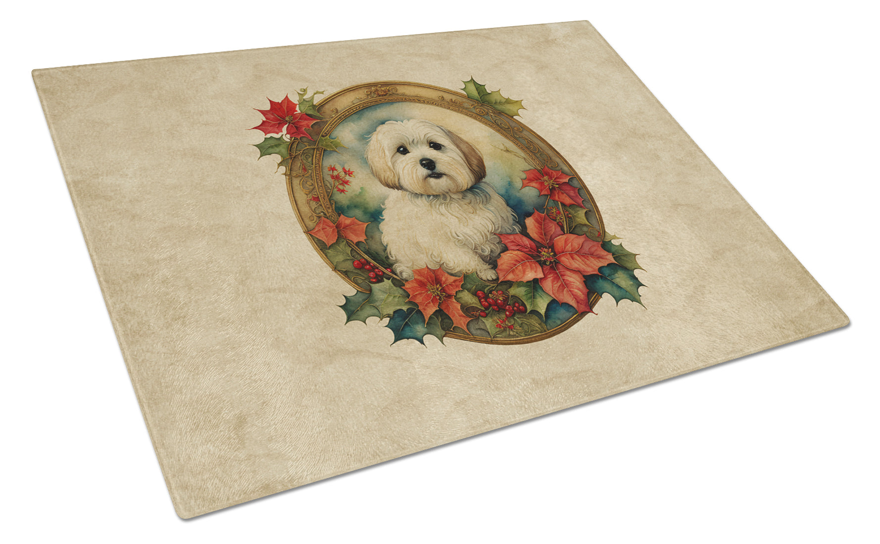 Coton De Tulear Christmas Flowers Cutting Board Tempered Glass Kitchen Cutting Surface, Heat Resistant Chopping, Non-Slip Feet, Food Prep & Serving