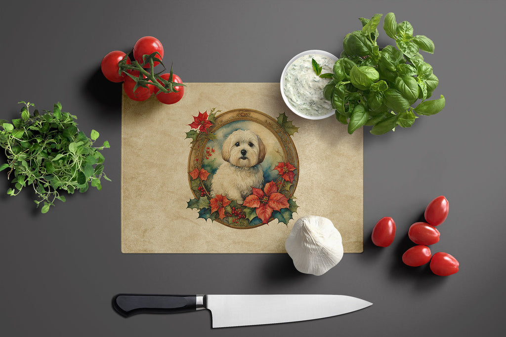 Coton De Tulear Christmas Flowers Cutting Board Tempered Glass Kitchen Cutting Surface, Heat Resistant Chopping, Non-Slip Feet, Food Prep & Serving