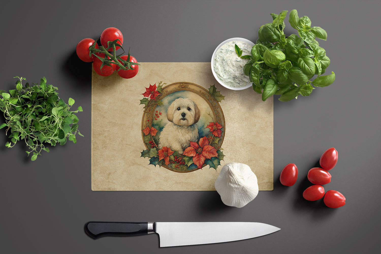 Coton De Tulear Christmas Flowers Cutting Board Tempered Glass Kitchen Cutting Surface, Heat Resistant Chopping, Non-Slip Feet, Food Prep & Serving