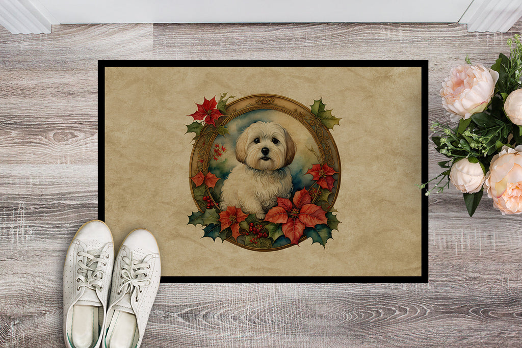 Coton De Tulear Christmas Flowers Doormat Indoor Outdoor 18H X 27W Front Door Mat Rugs for Entryway, Non Slip Washable
