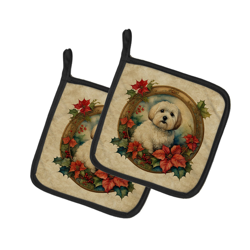 Coton De Tulear Christmas Flowers Pot Holder Set of 2 Heat Resistant Quilted Hot Pads 7.5 x 7.5 Inch, Insulated Kitchen Trivets for Cooking & Baking