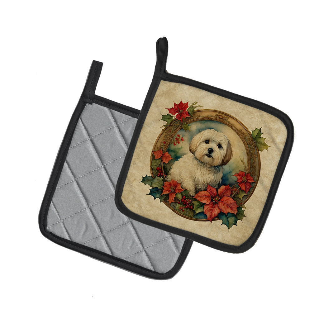 Coton De Tulear Christmas Flowers Pot Holder Set of 2 Heat Resistant Quilted Hot Pads 7.5 x 7.5 Inch, Insulated Kitchen Trivets for Cooking & Baking