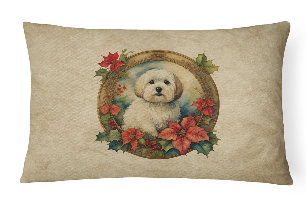 Coton De Tulear Christmas Flowers Decorative Throw Pillow 12x16 Indoor Outdoor Accent Cushion, Fabric Cover with Insert for Sofa, Bed, Porch & Living Room