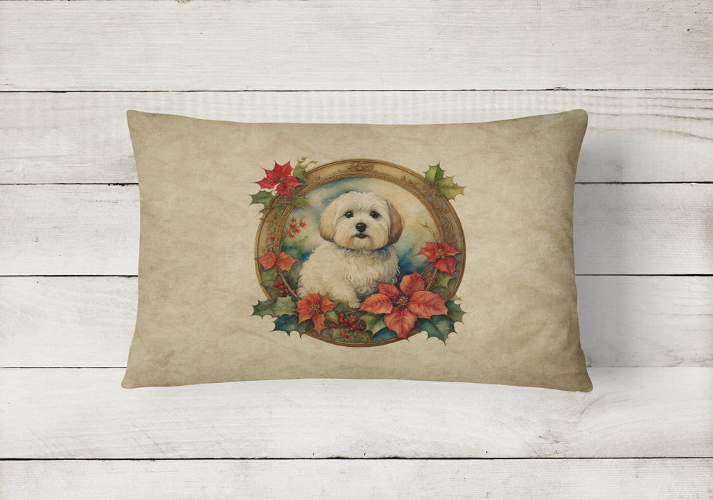 Coton De Tulear Christmas Flowers Decorative Throw Pillow 12x16 Indoor Outdoor Accent Cushion, Fabric Cover with Insert for Sofa, Bed, Porch & Living Room