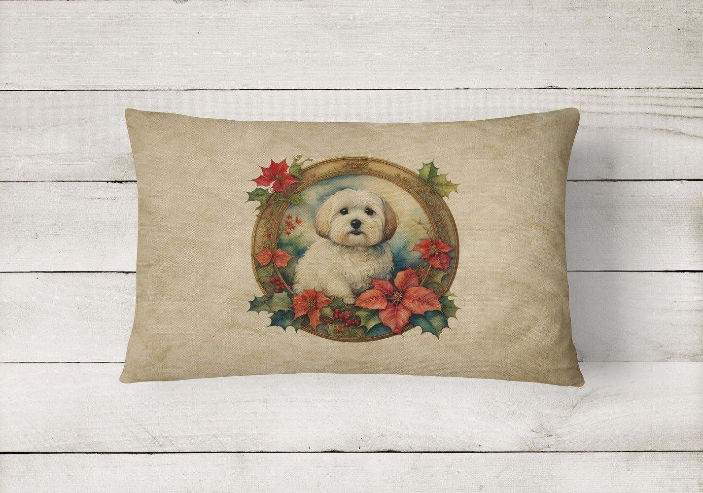 Coton De Tulear Christmas Flowers Decorative Throw Pillow 12x16 Indoor Outdoor Accent Cushion, Fabric Cover with Insert for Sofa, Bed, Porch & Living Room