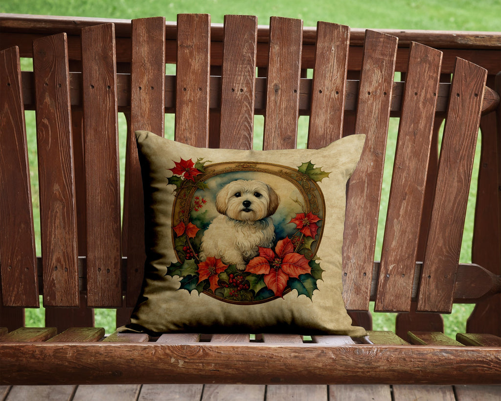 Coton De Tulear Christmas Flowers Decorative Throw Pillow 14x14 Indoor Outdoor Accent Cushion, Fabric Cover with Insert for Sofa, Bed, Porch & Living Room