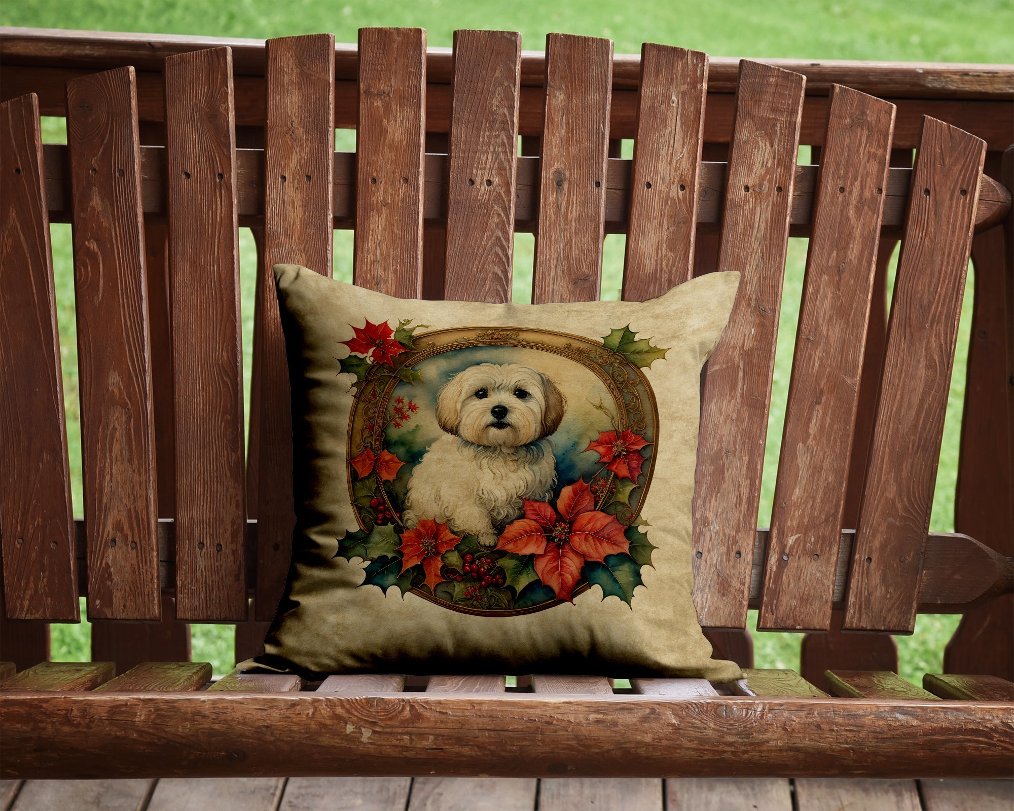 Coton De Tulear Christmas Flowers Decorative Throw Pillow 14x14 Indoor Outdoor Accent Cushion, Fabric Cover with Insert for Sofa, Bed, Porch & Living Room