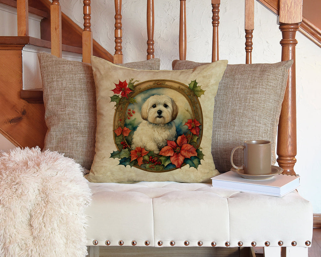 Coton De Tulear Christmas Flowers Decorative Throw Pillow 14x14 Indoor Outdoor Accent Cushion, Fabric Cover with Insert for Sofa, Bed, Porch & Living Room