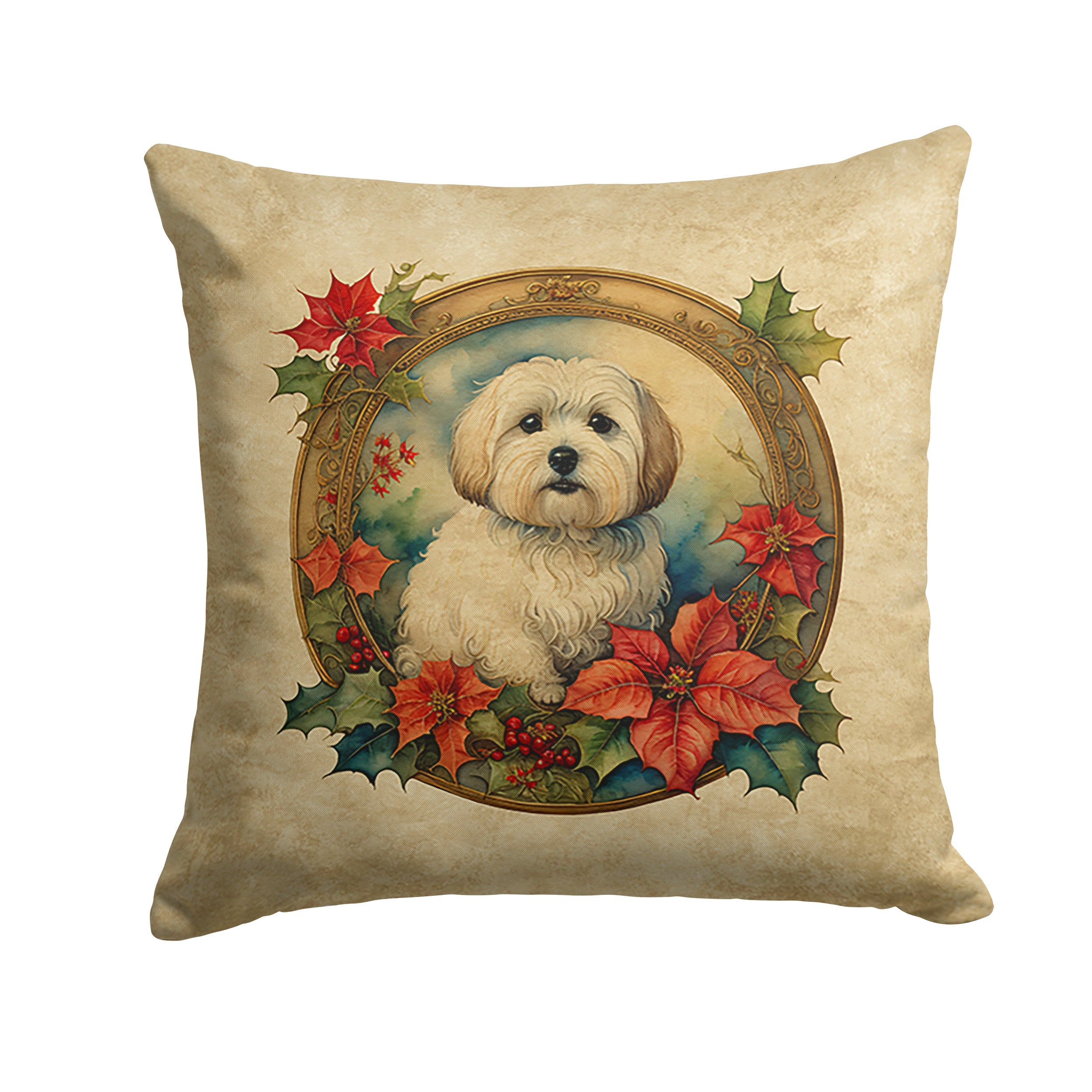 Coton De Tulear Christmas Flowers Decorative Throw Pillow 18x18 Indoor Outdoor Accent Cushion, Fabric Cover with Insert for Sofa, Bed, Porch & Living Room