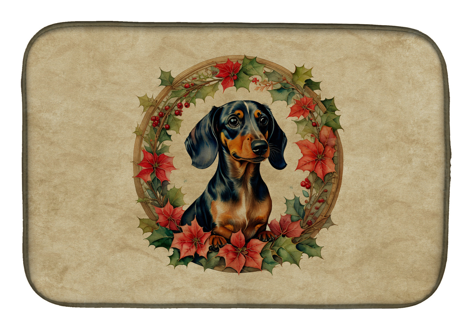 Dachshund Christmas Flowers Dish Drying Mat Absorbent Dish Drying Mat Pad for Kitchen Counter Dish Drainer Mat for Countertop, 14 x 21", Multicolor
