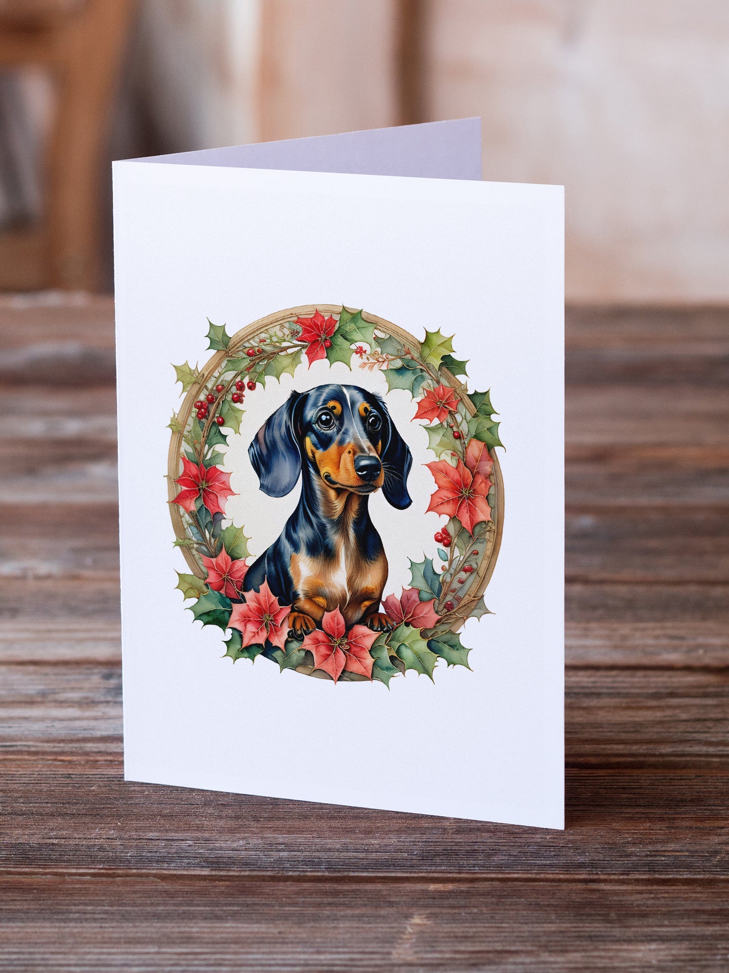 Dachshund Christmas Flowers Greeting Cards Pack of 8 Blank Cards with Envelopes Whimsical A7 Size 5x7