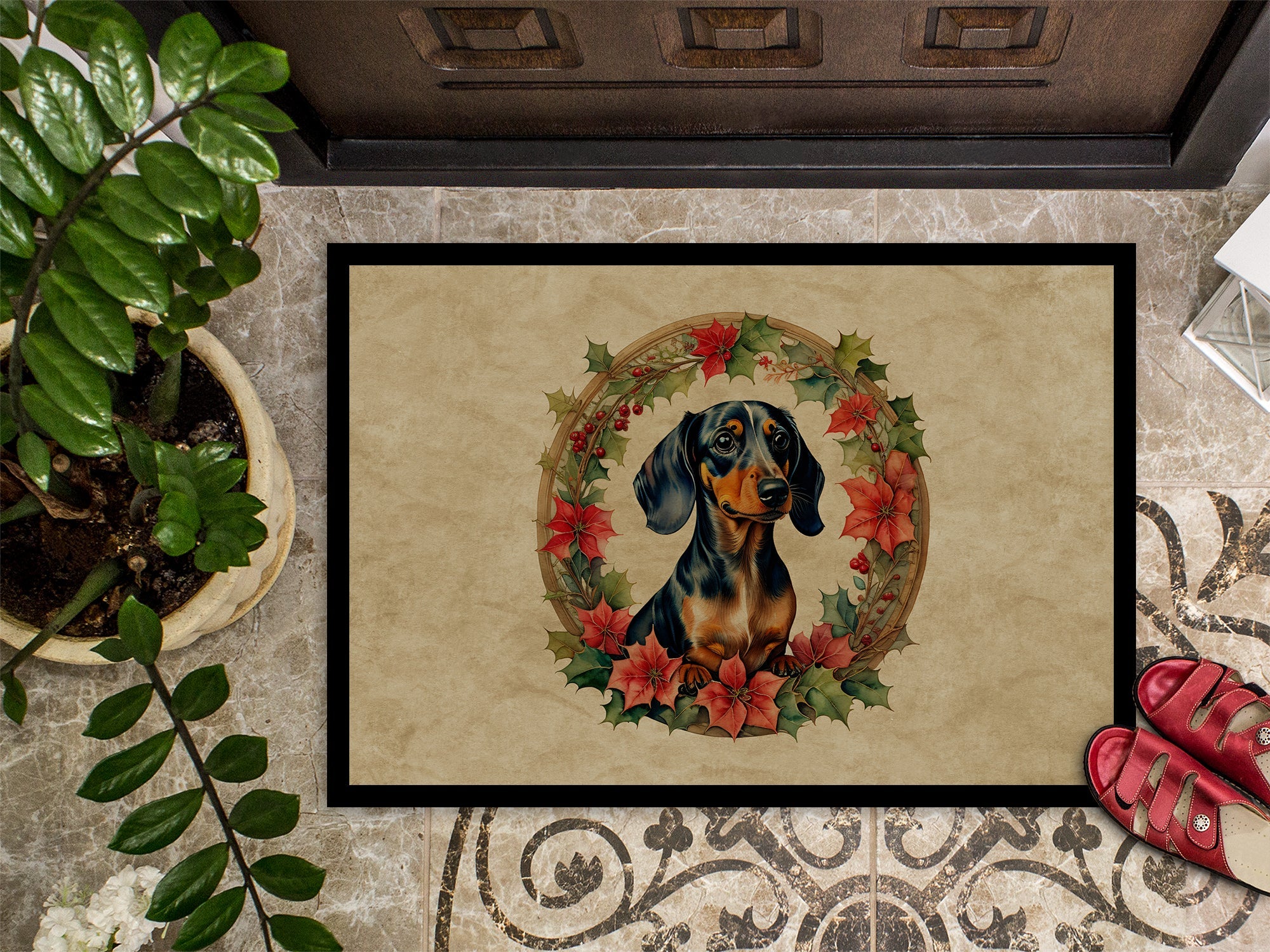 Dachshund Christmas Flowers Doormat Indoor Outdoor 18H X 27W Front Door Mat Rugs for Entryway, Non Slip Washable