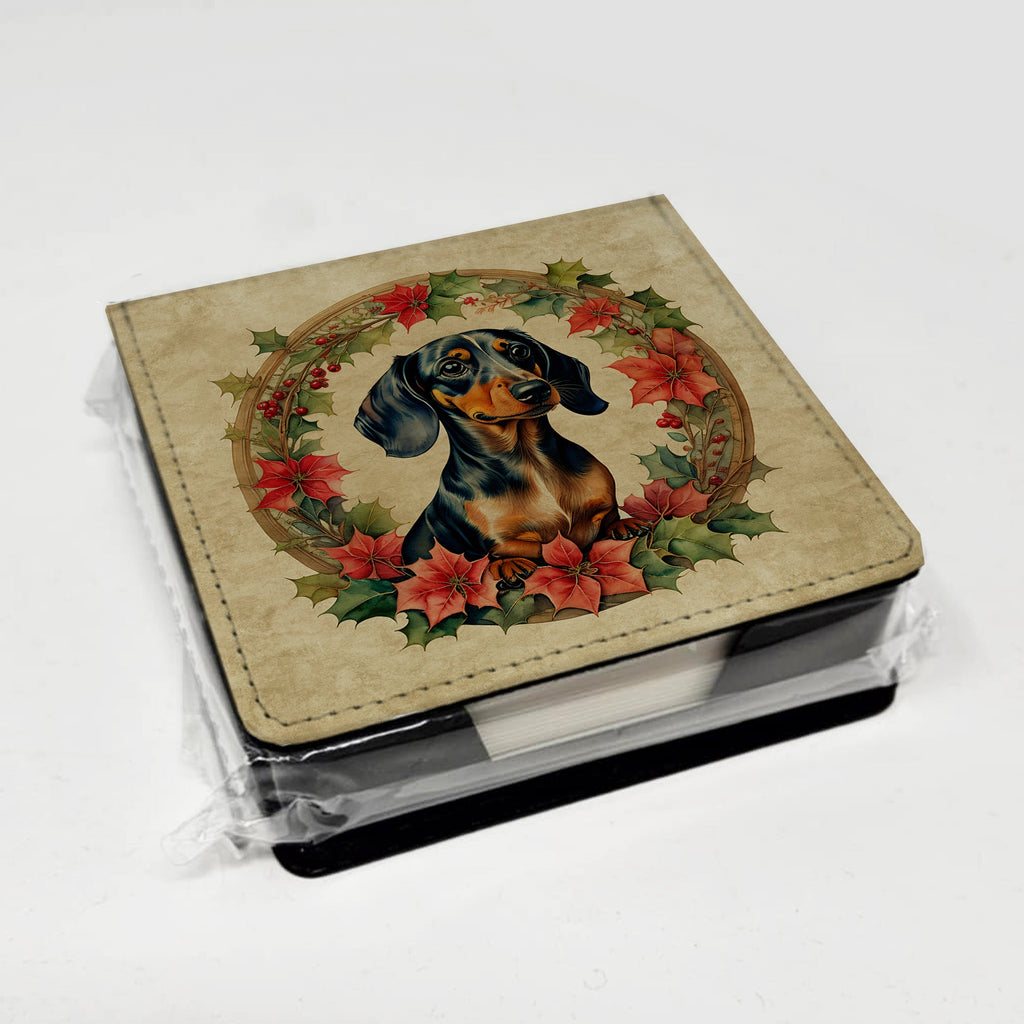 Dachshund Christmas Flowers PU Leather Note Paper Holder with Artist-Designed Cover, Desk Accessory, Office Gift