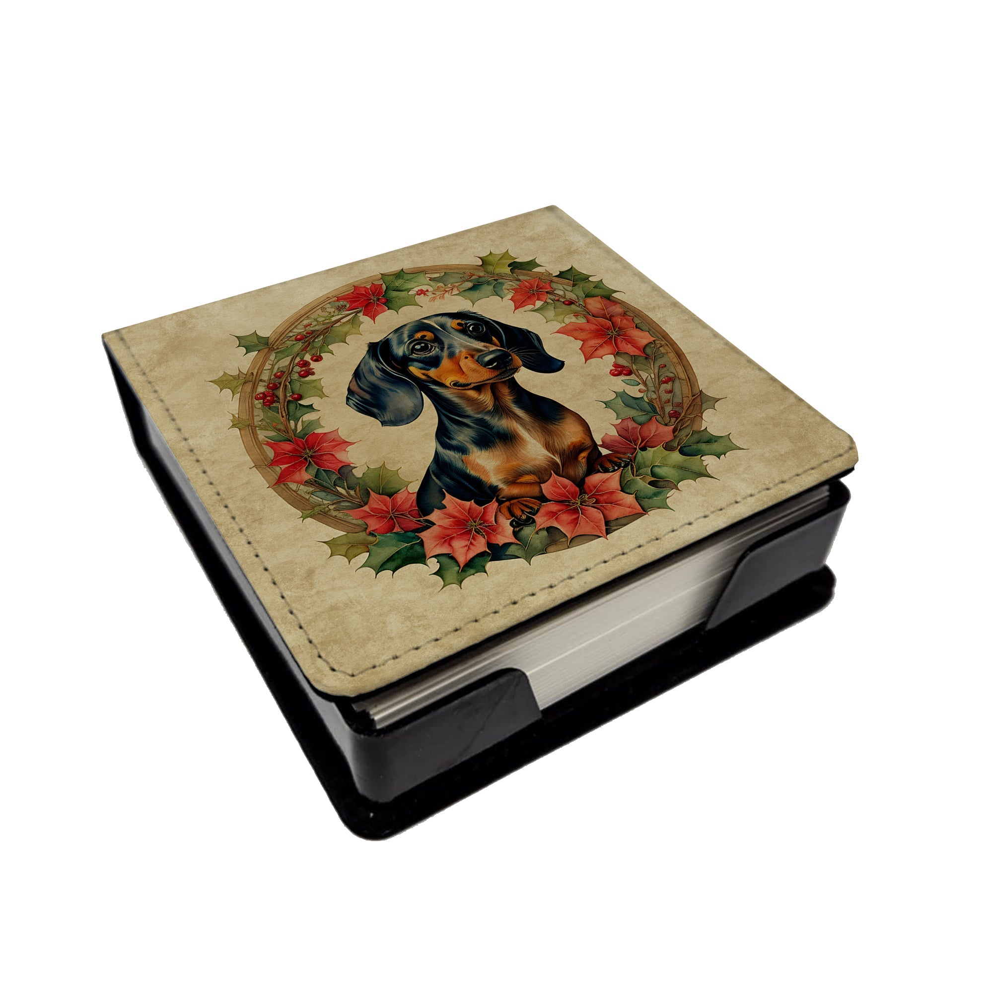 Dachshund Christmas Flowers PU Leather Note Paper Holder with Artist-Designed Cover, Desk Accessory, Office Gift