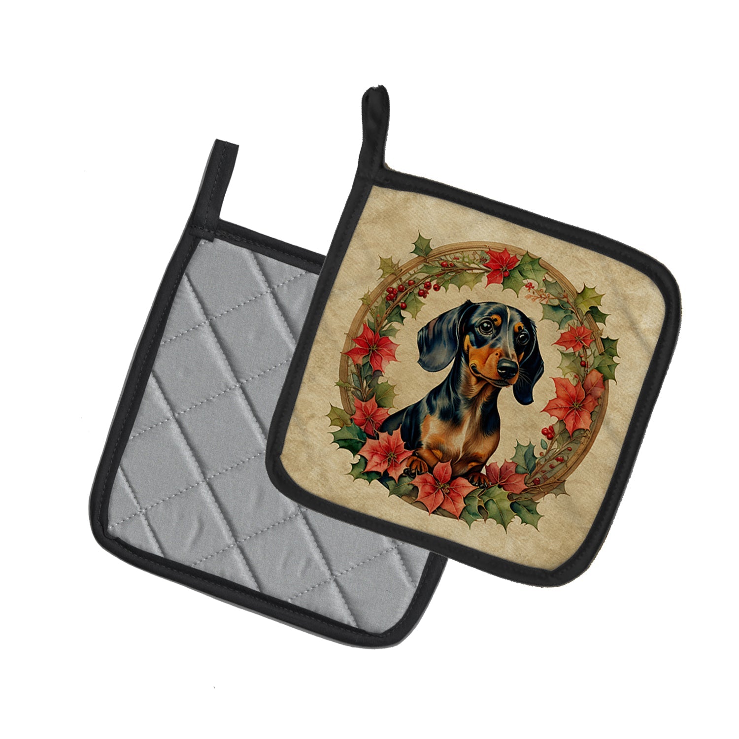 Dachshund Christmas Flowers Pot Holder Set of 2 Heat Resistant Quilted Hot Pads 7.5 x 7.5 Inch, Insulated Kitchen Trivets for Cooking & Baking