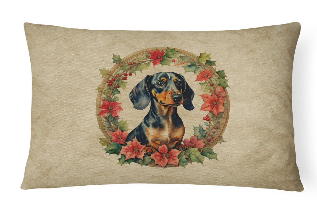 Dachshund Christmas Flowers Decorative Throw Pillow 12x16 Indoor Outdoor Accent Cushion, Fabric Cover with Insert for Sofa, Bed, Porch & Living Room