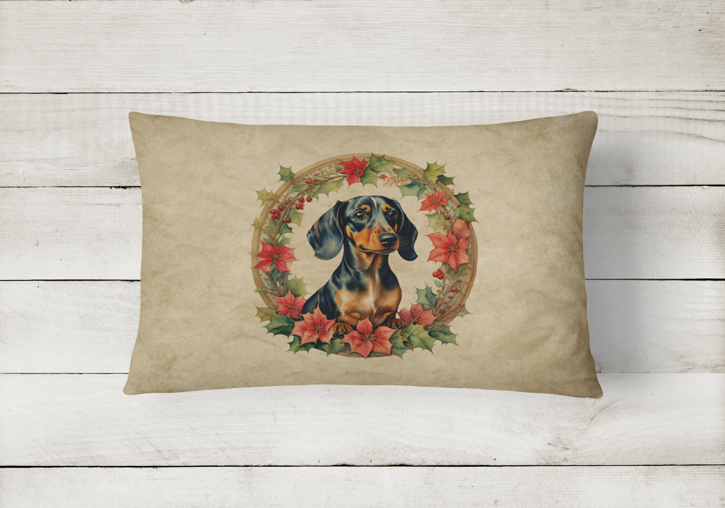 Dachshund Christmas Flowers Decorative Throw Pillow 12x16 Indoor Outdoor Accent Cushion, Fabric Cover with Insert for Sofa, Bed, Porch & Living Room