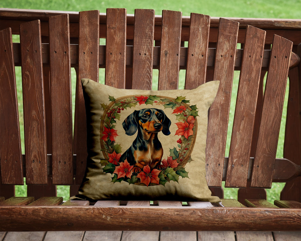 Dachshund Christmas Flowers Decorative Throw Pillow 14x14 Indoor Outdoor Accent Cushion, Fabric Cover with Insert for Sofa, Bed, Porch & Living Room