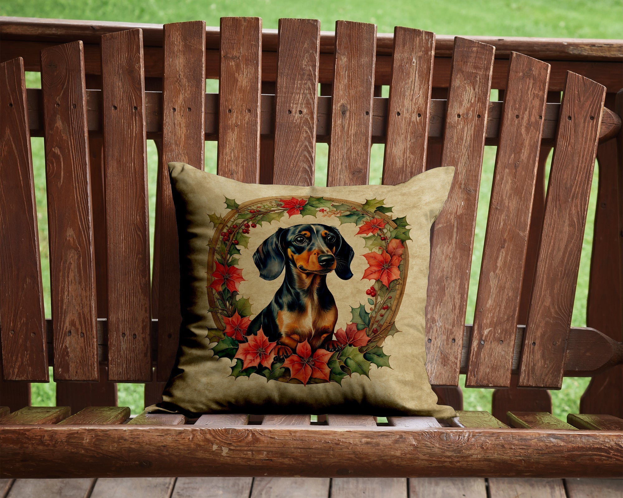 Dachshund Christmas Flowers Decorative Throw Pillow 14x14 Indoor Outdoor Accent Cushion, Fabric Cover with Insert for Sofa, Bed, Porch & Living Room