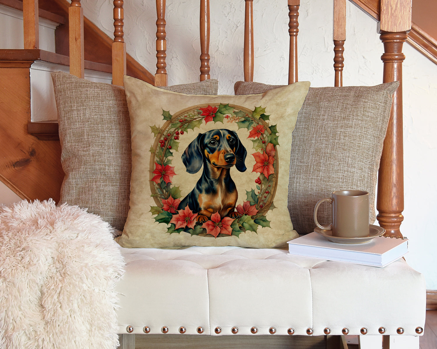 Dachshund Christmas Flowers Decorative Throw Pillow 14x14 Indoor Outdoor Accent Cushion, Fabric Cover with Insert for Sofa, Bed, Porch & Living Room