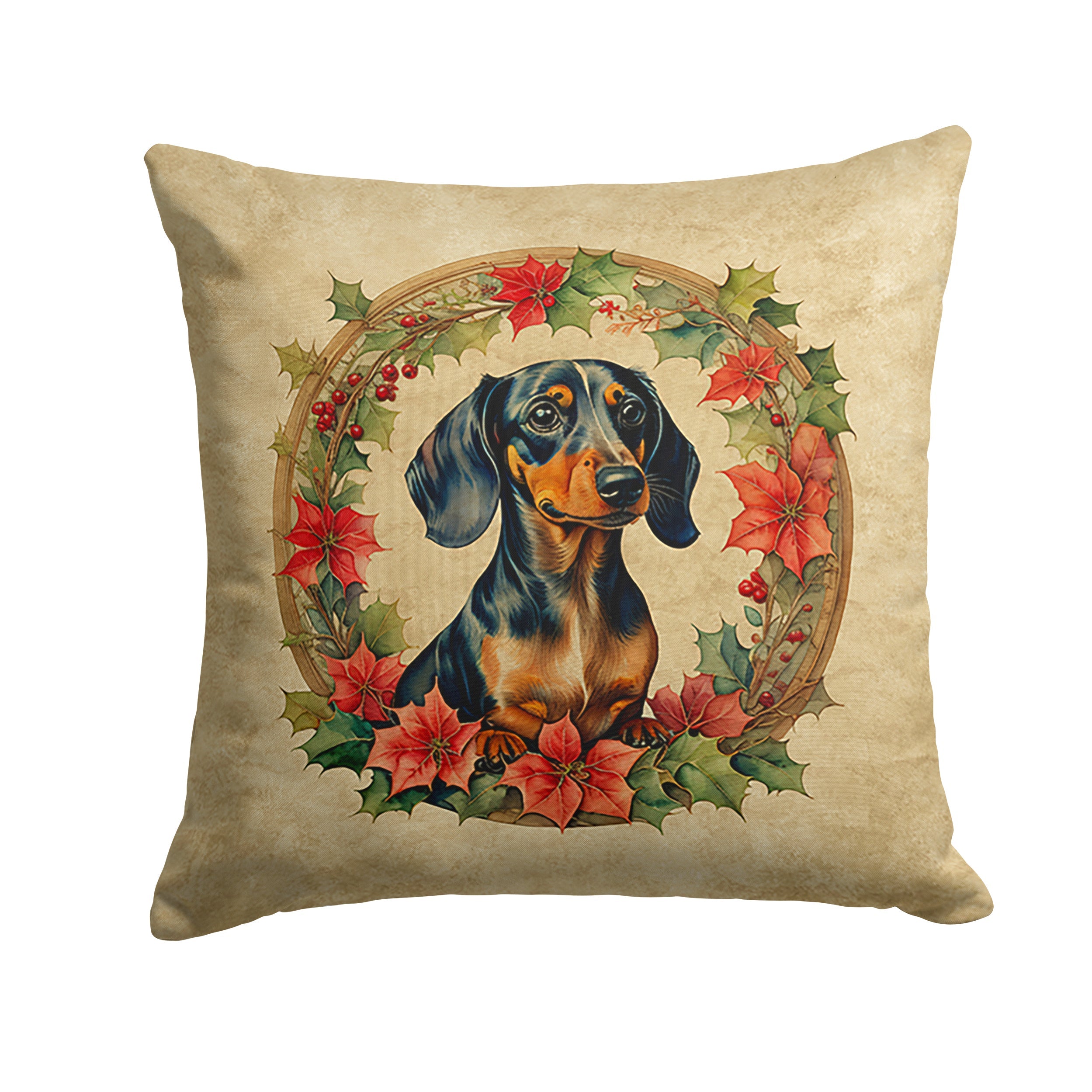 Dachshund Christmas Flowers Decorative Throw Pillow 18x18 Indoor Outdoor Accent Cushion, Fabric Cover with Insert for Sofa, Bed, Porch & Living Room