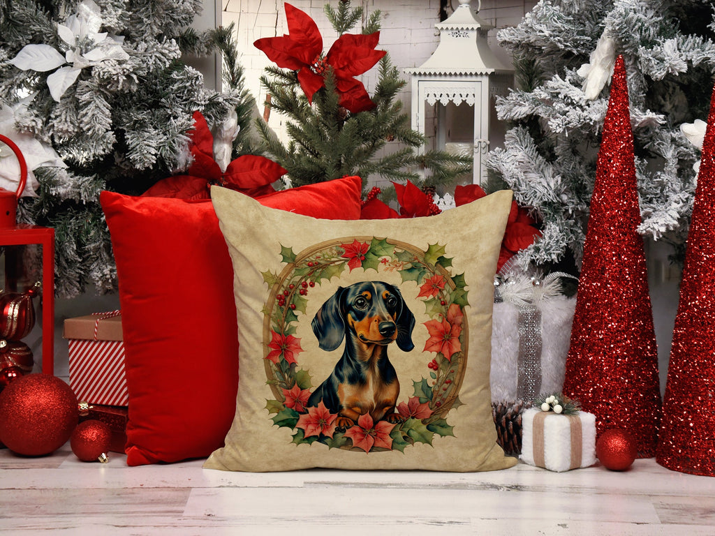 Dachshund Christmas Flowers Decorative Throw Pillow 18x18 Indoor Outdoor Accent Cushion, Fabric Cover with Insert for Sofa, Bed, Porch & Living Room