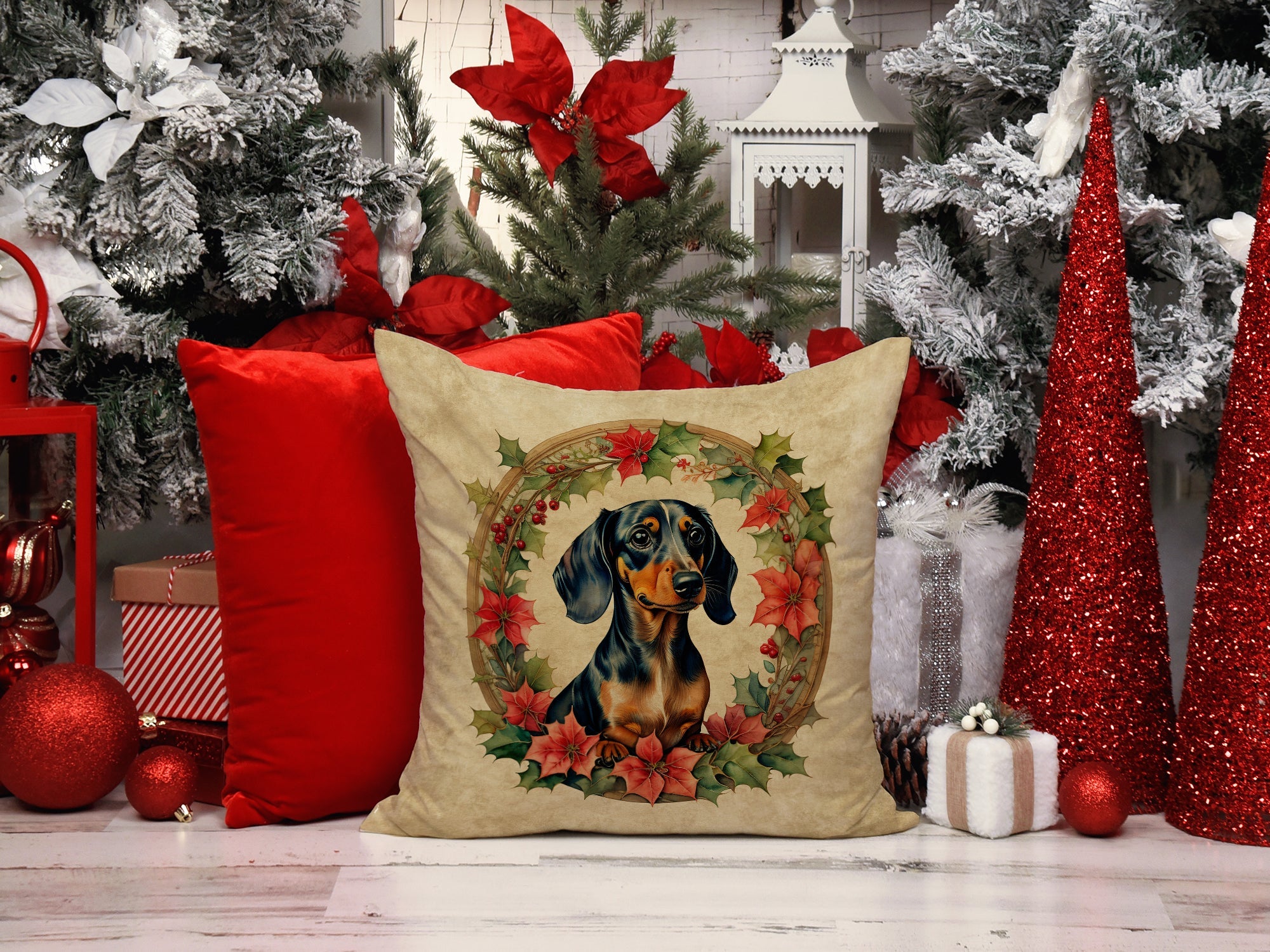 Dachshund Christmas Flowers Decorative Throw Pillow 18x18 Indoor Outdoor Accent Cushion, Fabric Cover with Insert for Sofa, Bed, Porch & Living Room