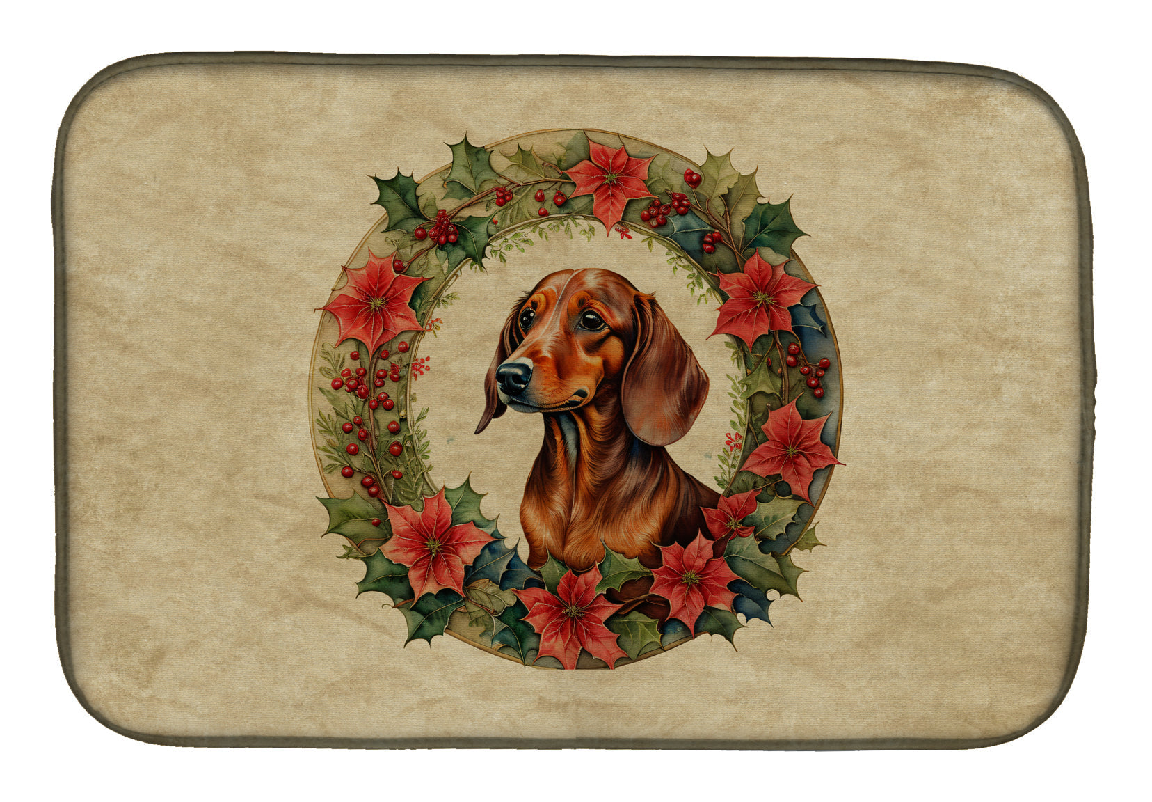 Dachshund Christmas Flowers Dish Drying Mat Absorbent Dish Drying Mat Pad for Kitchen Counter Dish Drainer Mat for Countertop, 14 x 21", Multicolor