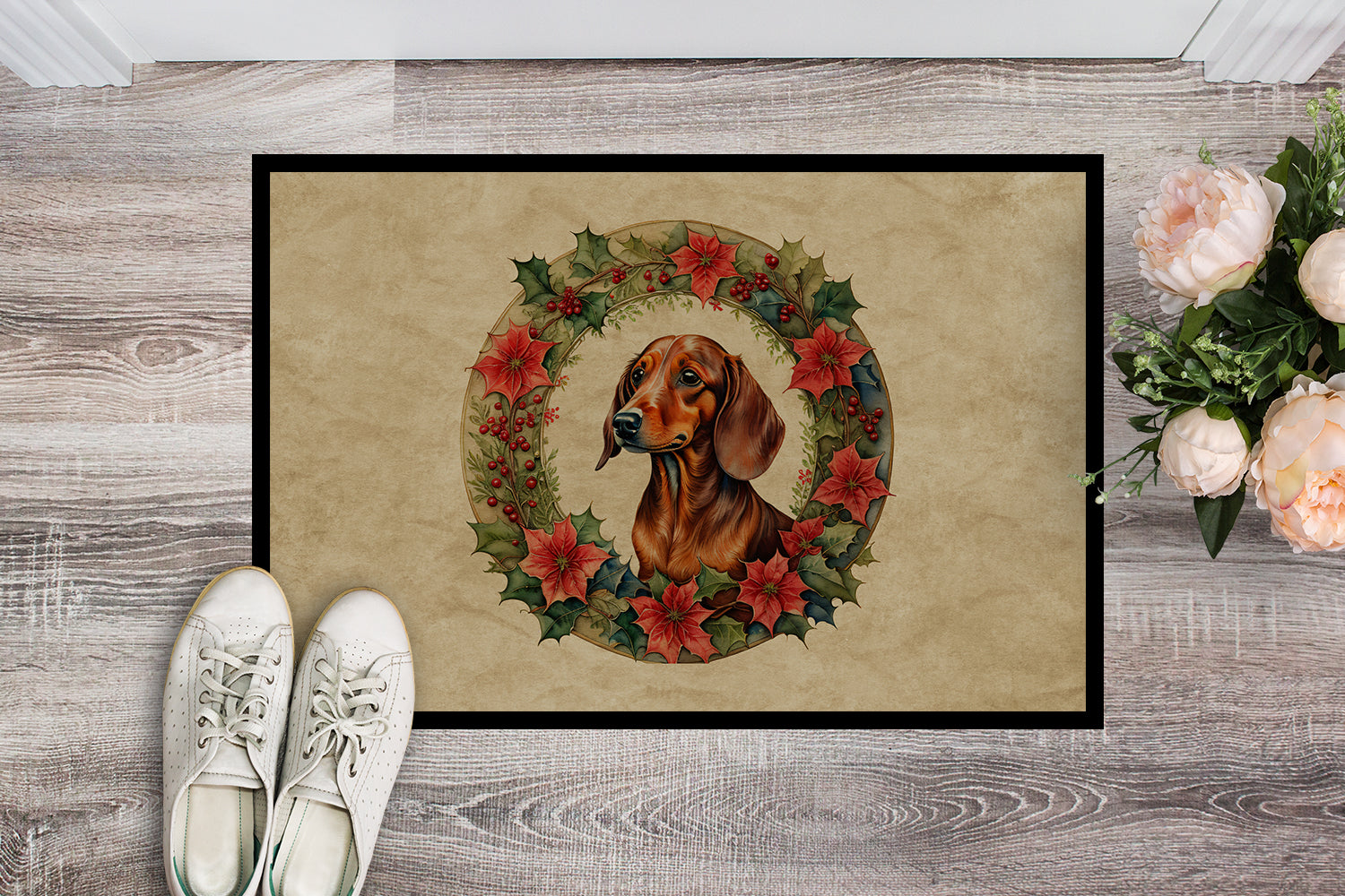 Dachshund Christmas Flowers Doormat Indoor Outdoor 24H X 36W Front Door Mat Rugs for Entryway, Non Slip Washable Low Pile,