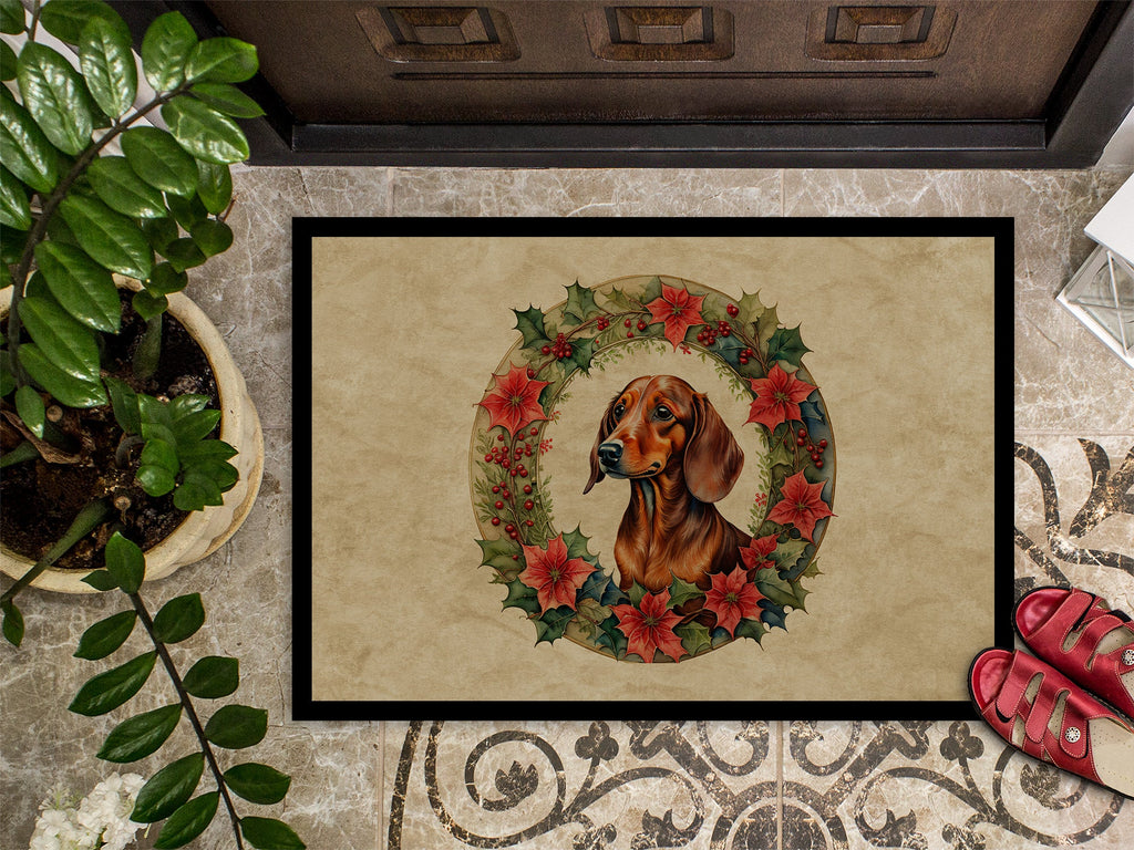 Dachshund Christmas Flowers Doormat Indoor Outdoor 24H X 36W Front Door Mat Rugs for Entryway, Non Slip Washable Low Pile,