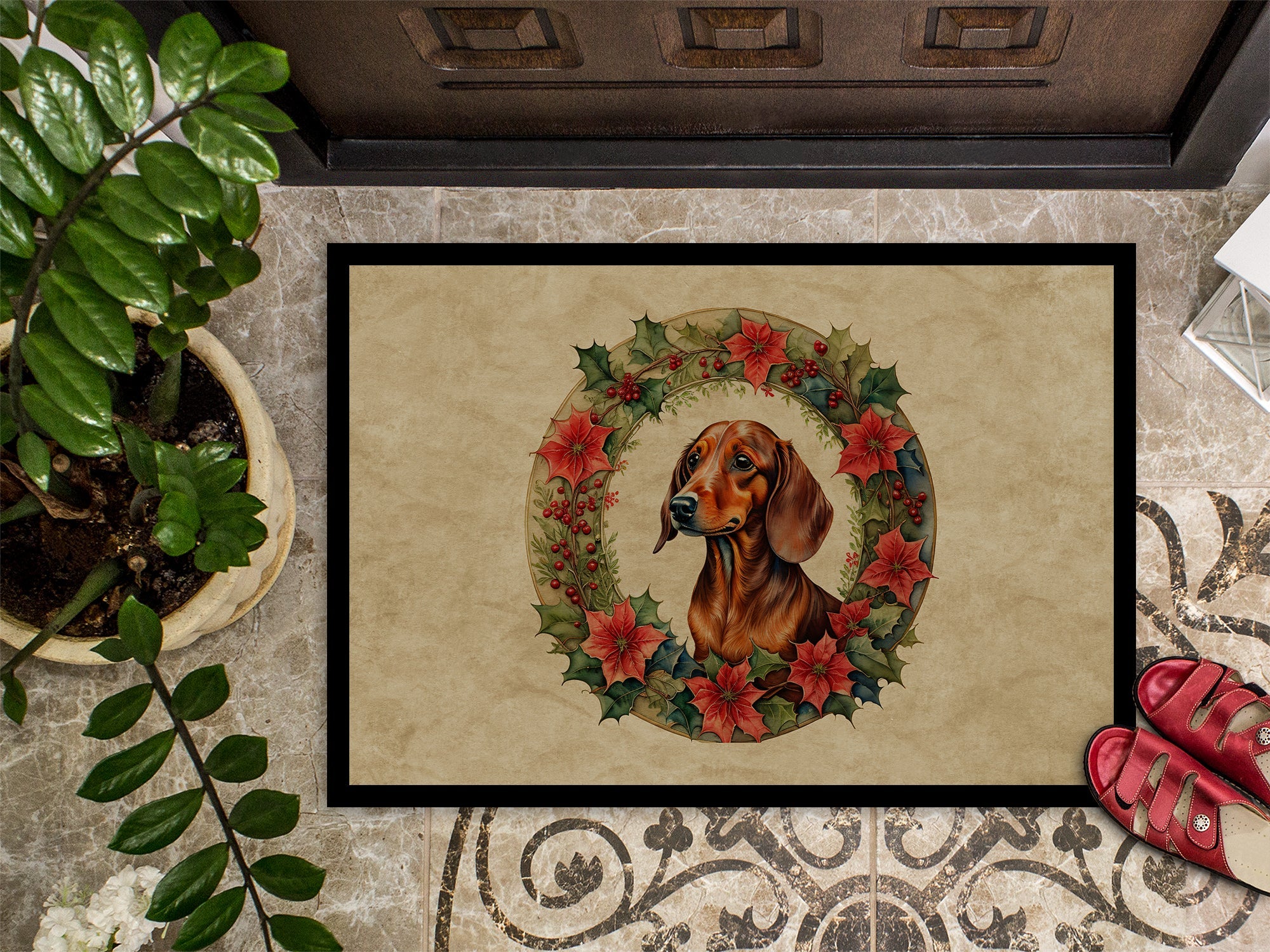 Dachshund Christmas Flowers Doormat Indoor Outdoor 24H X 36W Front Door Mat Rugs for Entryway, Non Slip Washable Low Pile,