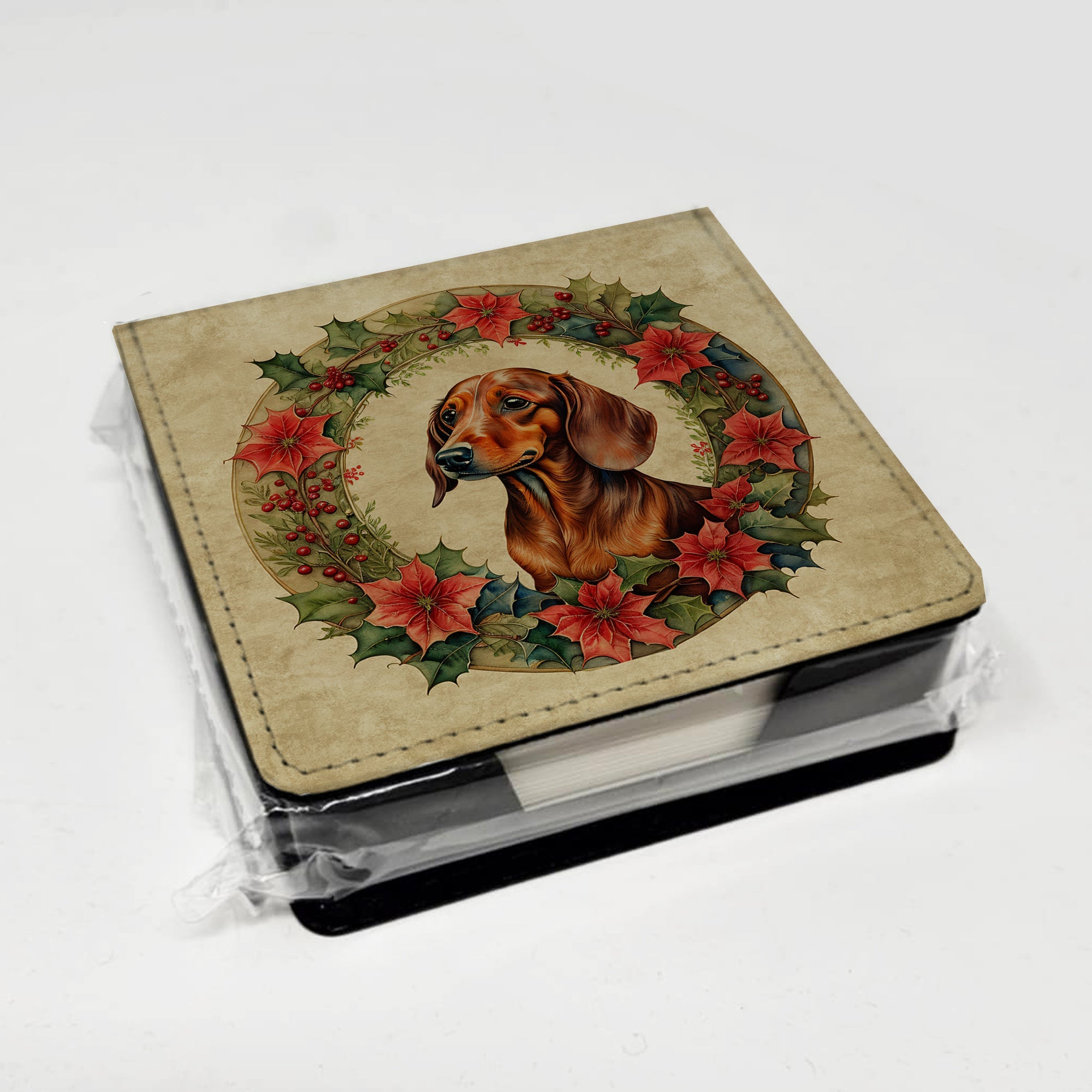 Dachshund Christmas Flowers PU Leather Note Paper Holder with Artist-Designed Cover, Desk Accessory, Office Gift