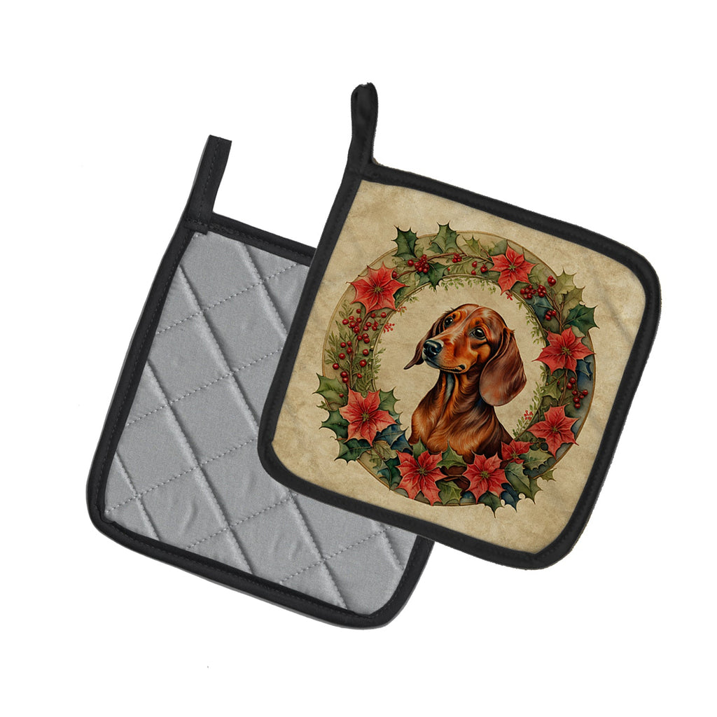 Dachshund Christmas Flowers Pot Holder Set of 2 Heat Resistant Quilted Hot Pads 7.5 x 7.5 Inch, Insulated Kitchen Trivets for Cooking & Baking