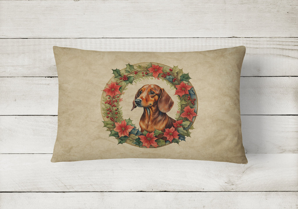 Dachshund Christmas Flowers Decorative Throw Pillow 12x16 Indoor Outdoor Accent Cushion, Fabric Cover with Insert for Sofa, Bed, Porch & Living Room