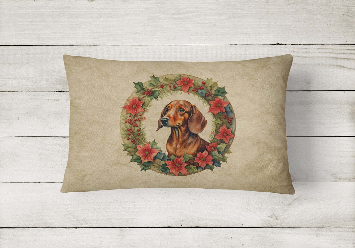 Dachshund Christmas Flowers Decorative Throw Pillow 12x16 Indoor Outdoor Accent Cushion, Fabric Cover with Insert for Sofa, Bed, Porch & Living Room