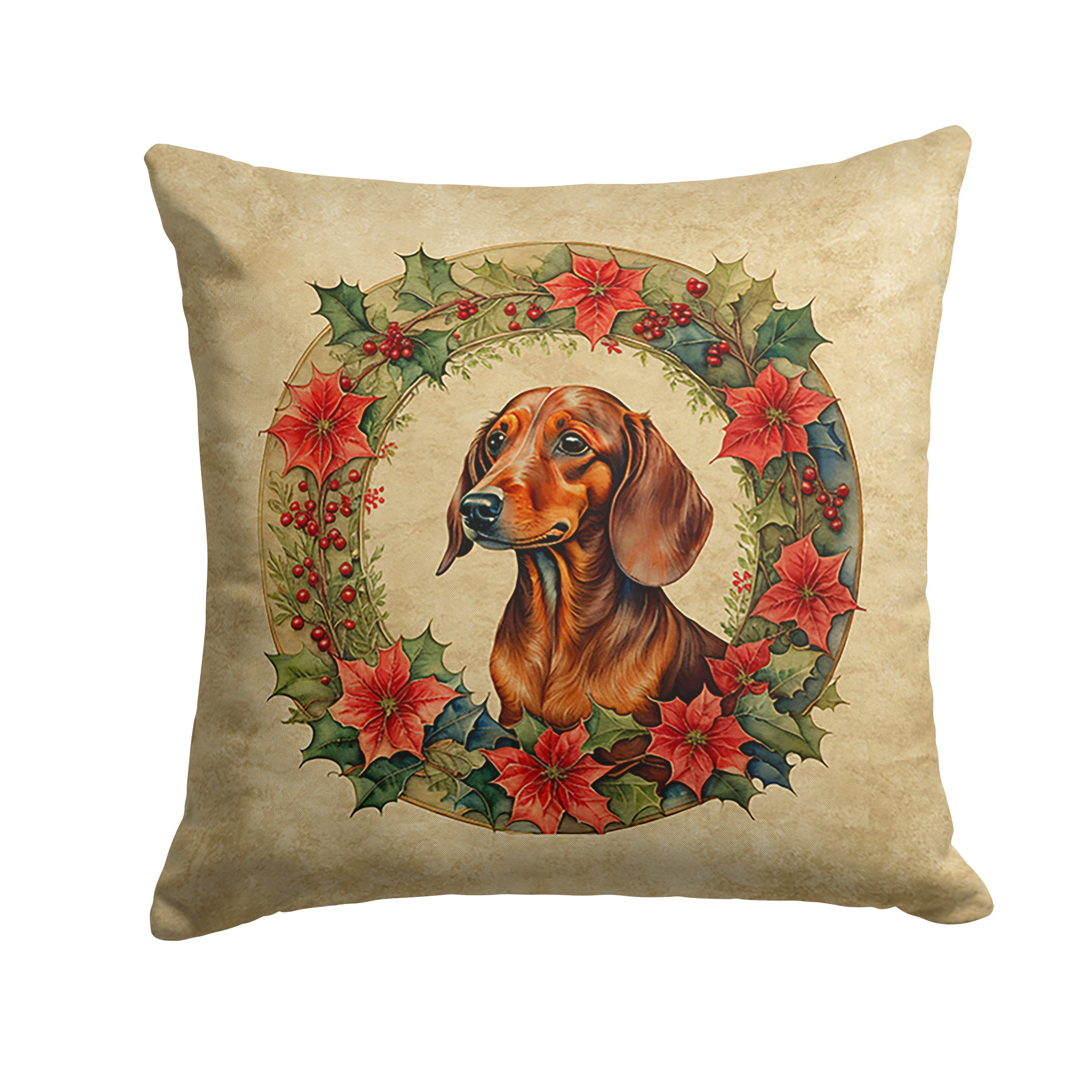 Dachshund Christmas Flowers Decorative Throw Pillow 14x14 Indoor Outdoor Accent Cushion, Fabric Cover with Insert for Sofa, Bed, Porch & Living Room