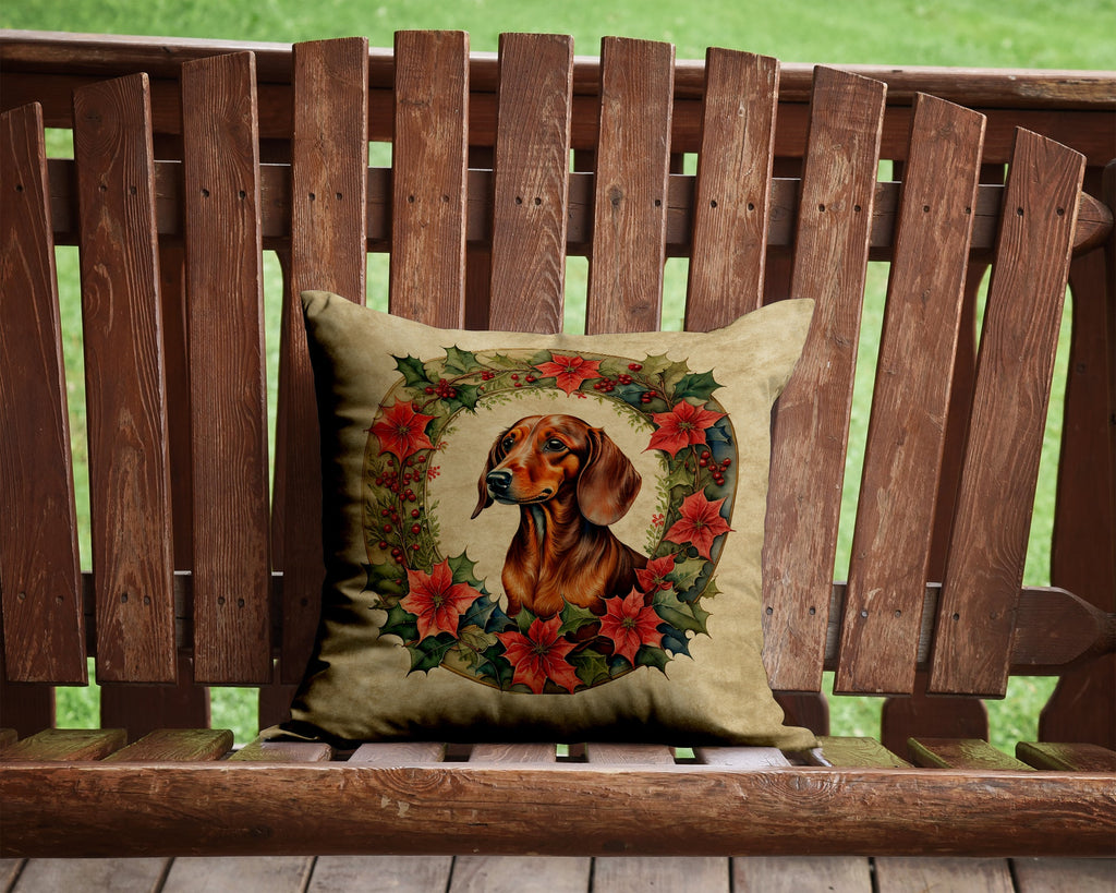 Dachshund Christmas Flowers Decorative Throw Pillow 14x14 Indoor Outdoor Accent Cushion, Fabric Cover with Insert for Sofa, Bed, Porch & Living Room