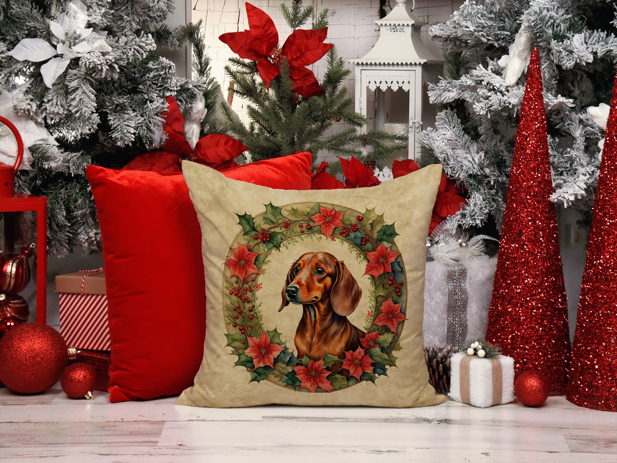 Dachshund Christmas Flowers Decorative Throw Pillow 18x18 Indoor Outdoor Accent Cushion, Fabric Cover with Insert for Sofa, Bed, Porch & Living Room
