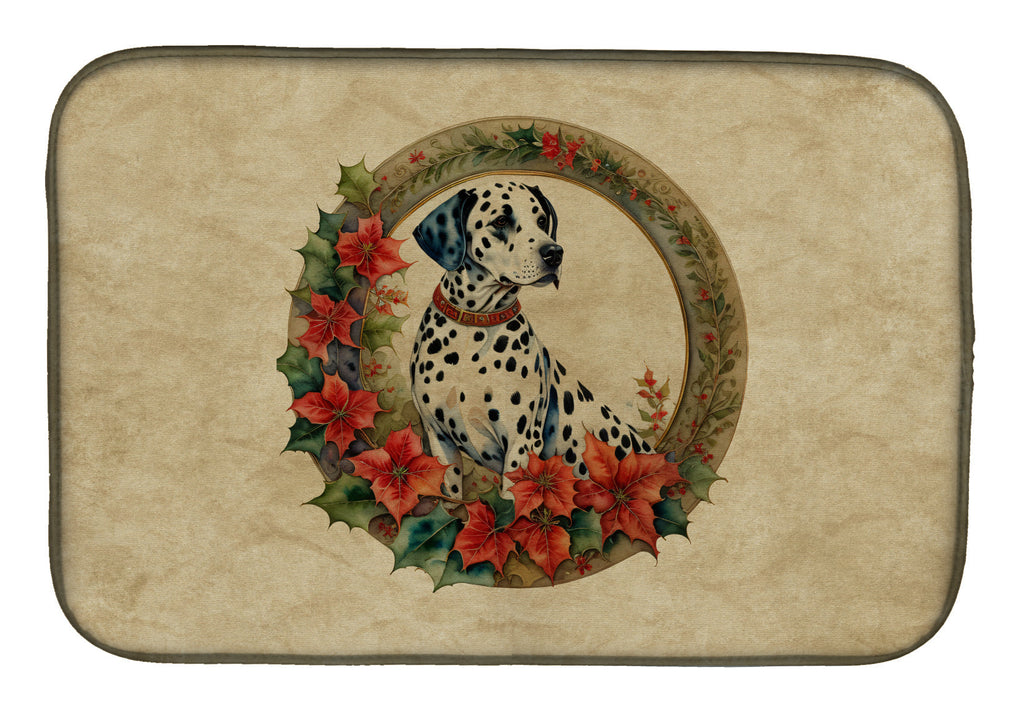Dalmatian Christmas Flowers Dish Drying Mat Absorbent Dish Drying Mat Pad for Kitchen Counter Dish Drainer Mat for Countertop, 14 x 21", Multicolor