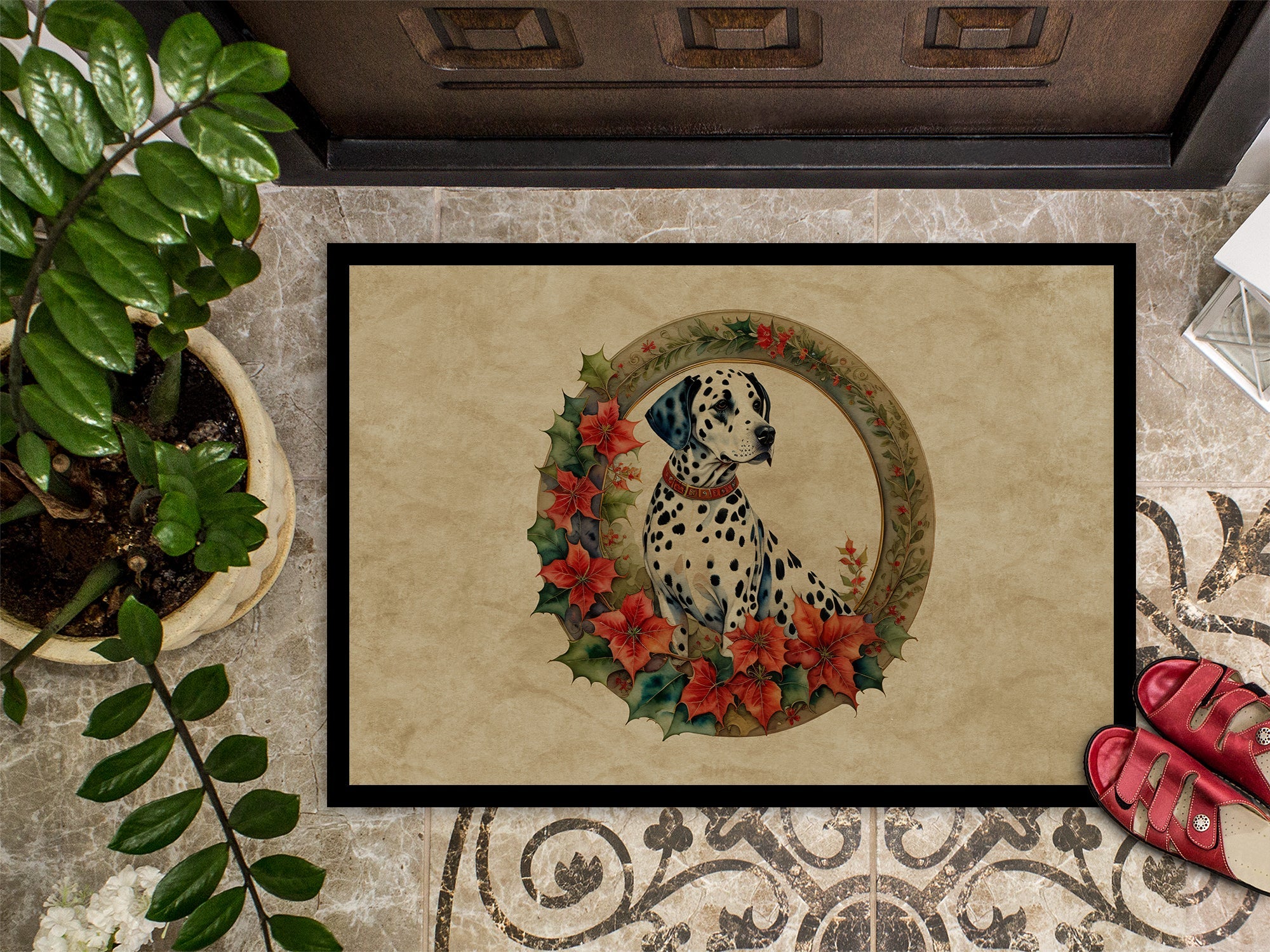Dalmatian Christmas Flowers Doormat Indoor Outdoor 18H X 27W Front Door Mat Rugs for Entryway, Non Slip Washable