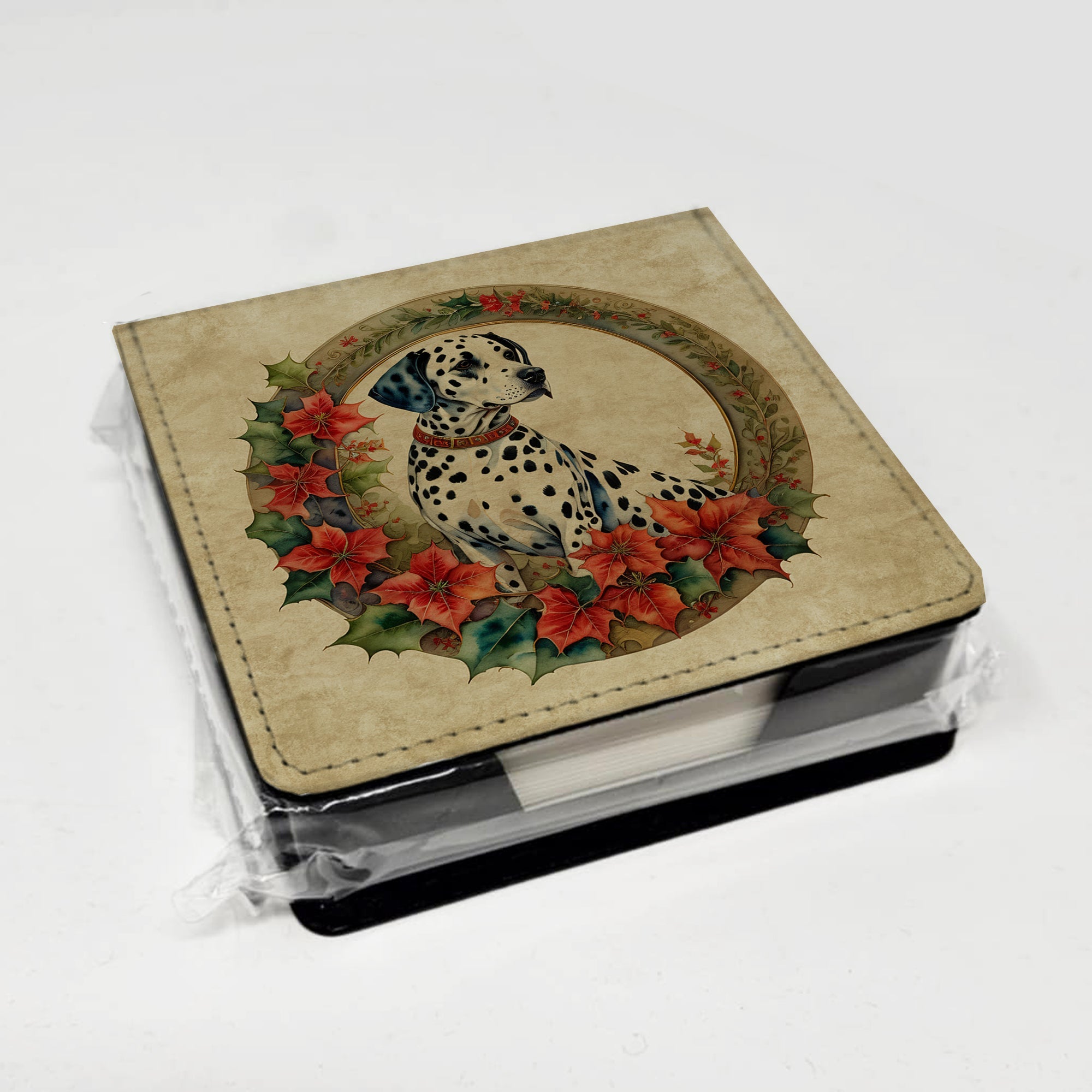 Dalmatian Christmas Flowers PU Leather Note Paper Holder with Artist-Designed Cover, Desk Accessory, Office Gift