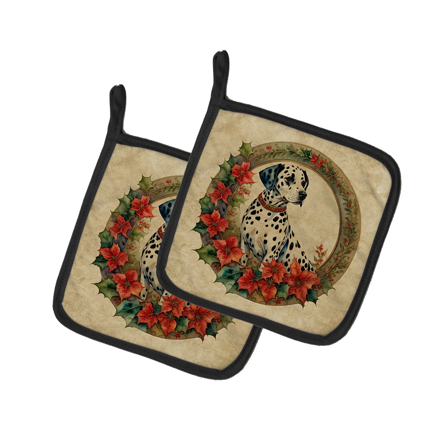 Dalmatian Christmas Flowers Pot Holder Set of 2 Heat Resistant Quilted Hot Pads 7.5 x 7.5 Inch, Insulated Kitchen Trivets for Cooking & Baking
