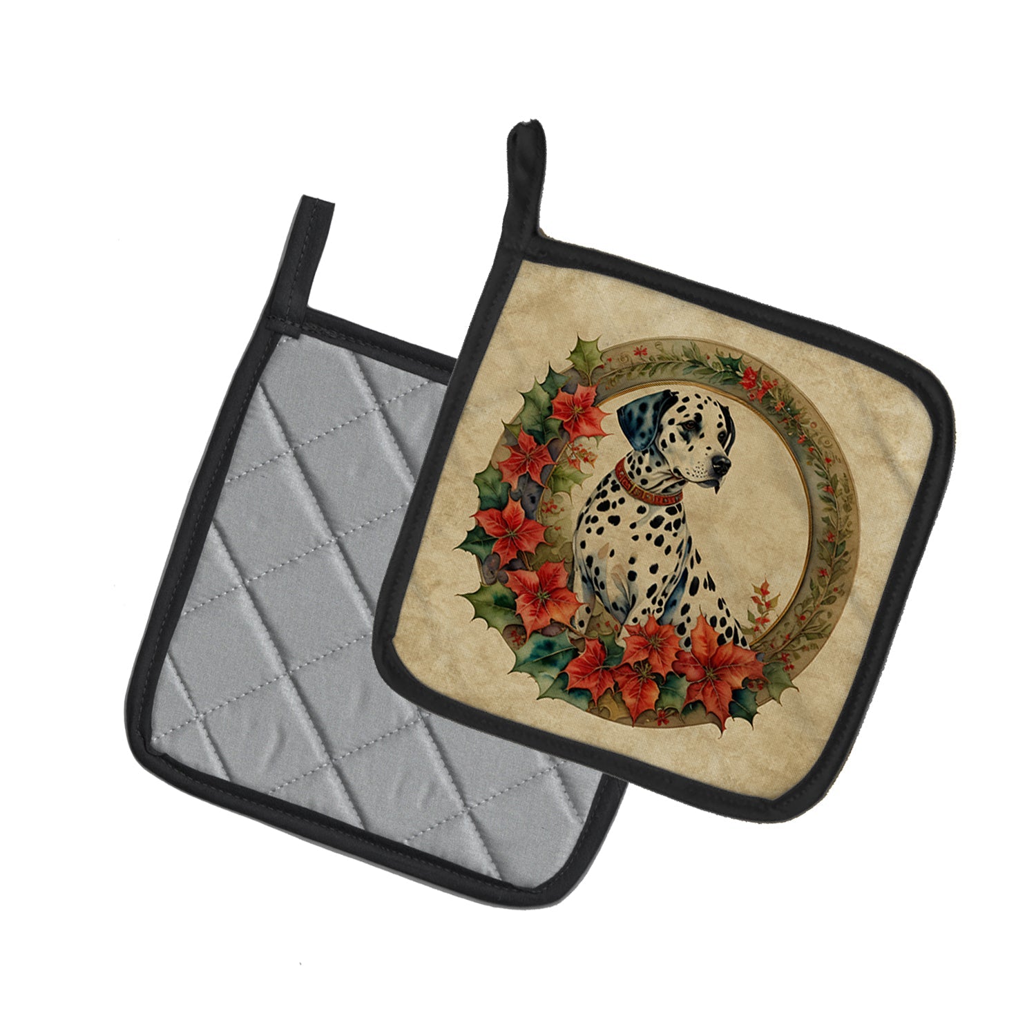 Dalmatian Christmas Flowers Pot Holder Set of 2 Heat Resistant Quilted Hot Pads 7.5 x 7.5 Inch, Insulated Kitchen Trivets for Cooking & Baking