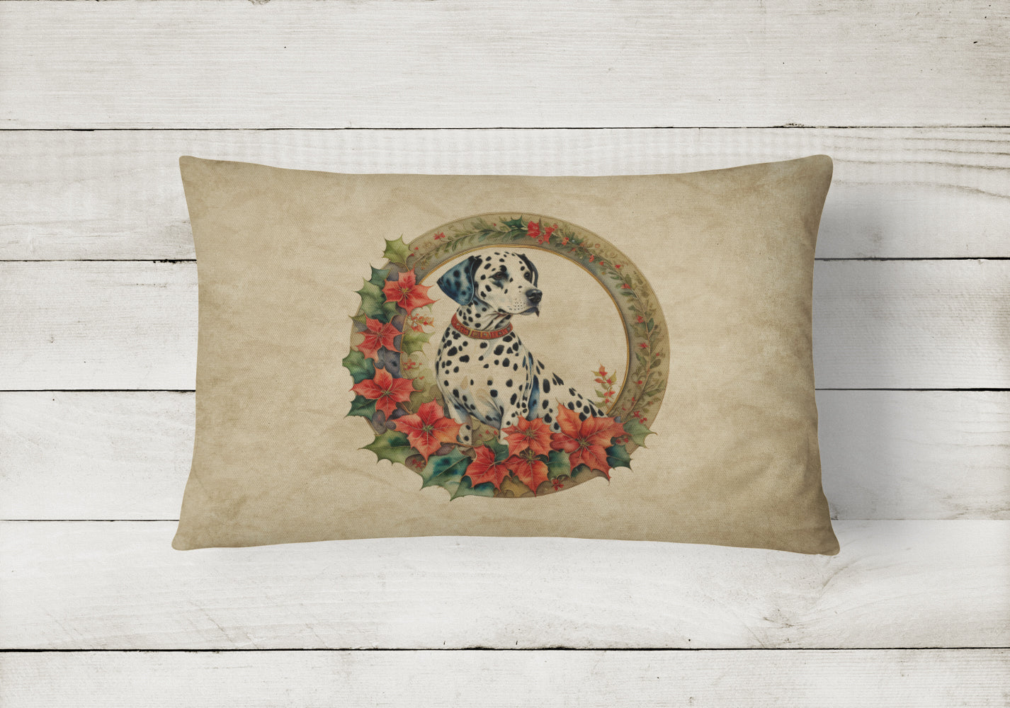 Dalmatian Christmas Flowers Decorative Throw Pillow 12x16 Indoor Outdoor Accent Cushion, Fabric Cover with Insert for Sofa, Bed, Porch & Living Room