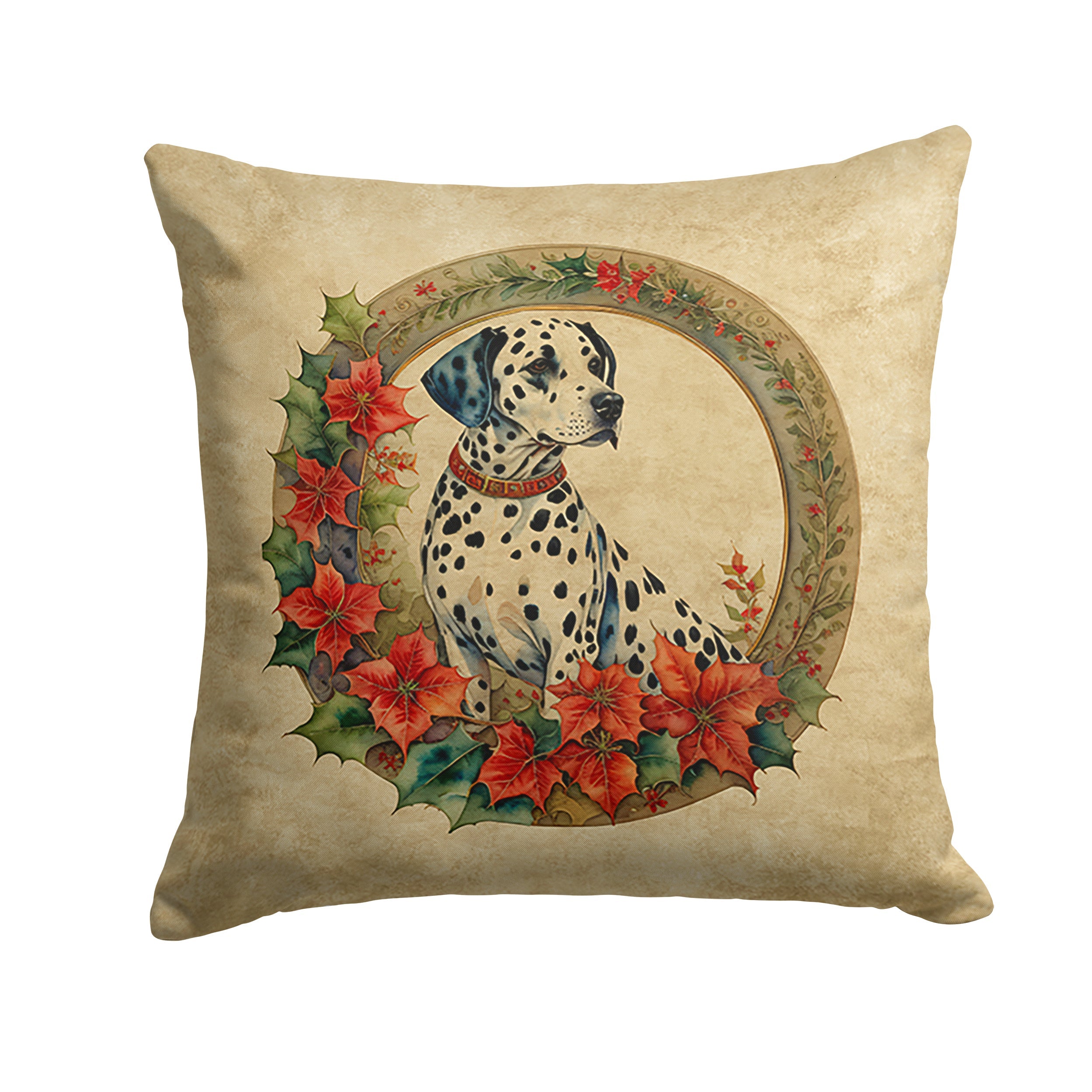 Dalmatian Christmas Flowers Decorative Throw Pillow 14x14 Indoor Outdoor Accent Cushion, Fabric Cover with Insert for Sofa, Bed, Porch & Living Room