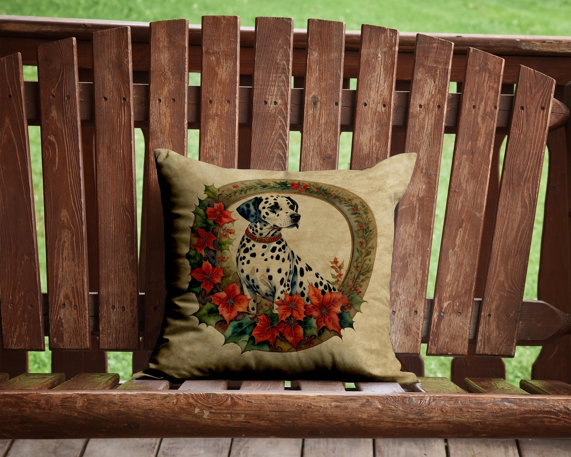 Dalmatian Christmas Flowers Decorative Throw Pillow 14x14 Indoor Outdoor Accent Cushion, Fabric Cover with Insert for Sofa, Bed, Porch & Living Room
